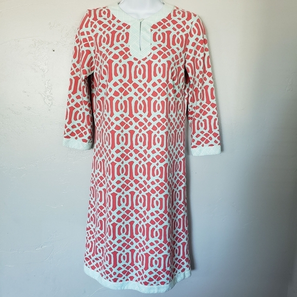 J. McLaughlin XS Nylon Quarter Sleeve Dress Coral Pink Mint Pattern Midi Dress - Picture 1 of 9